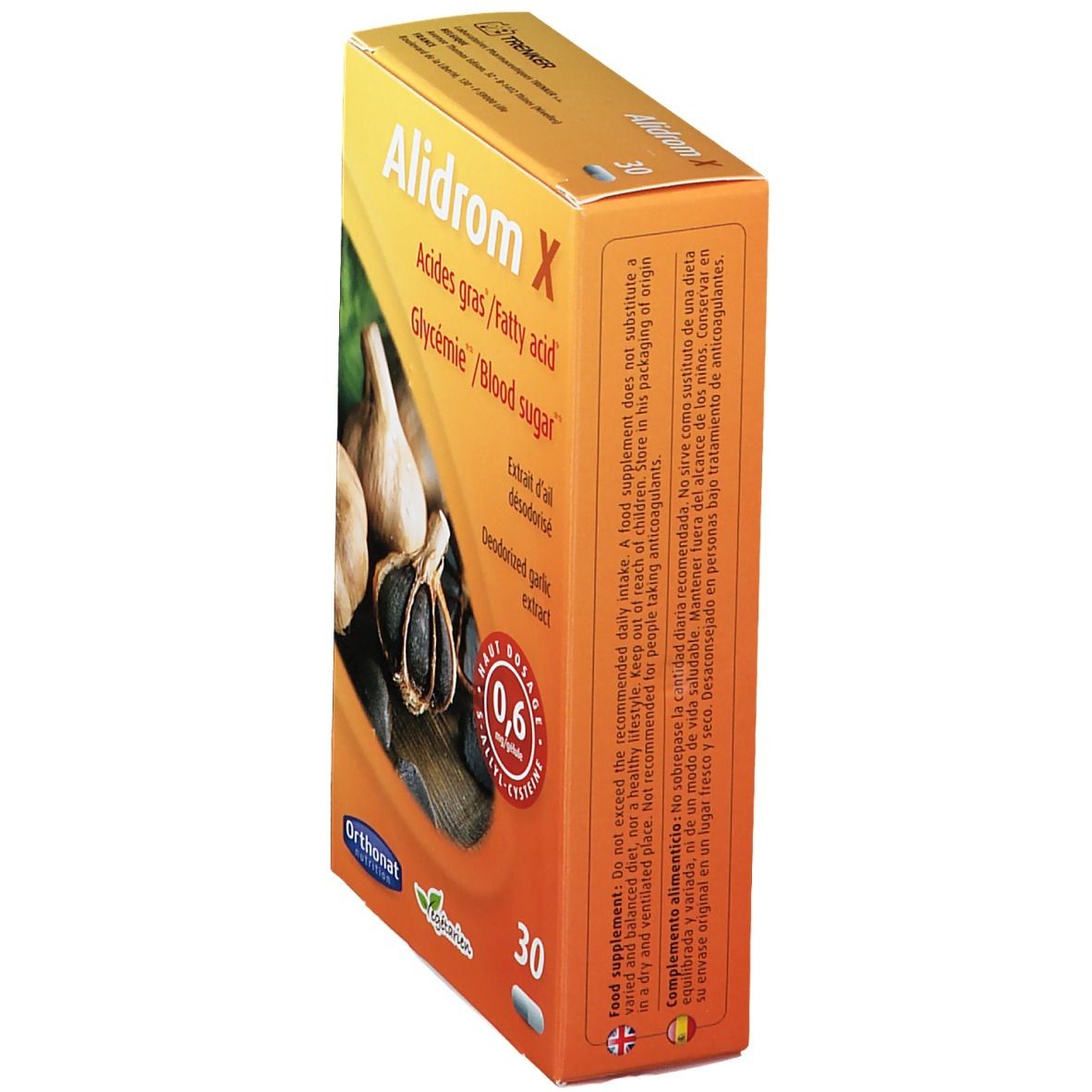 Confezione di Alidrom X in prospettiva. Contiene 30 capsule. Scritte: Acides gras/Fatty acid, Glycémie/Blood sugar, Estratto d'aglio.