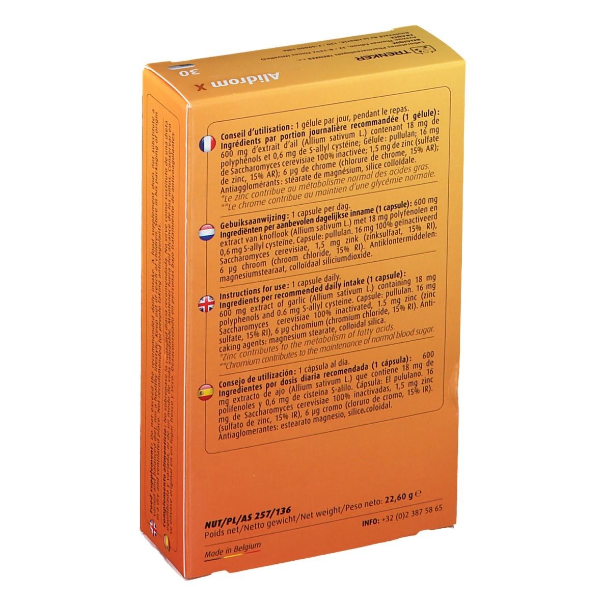 Retro della confezione di Alidrom X. Informazioni multilingue. Peso netto: 22,40 g.