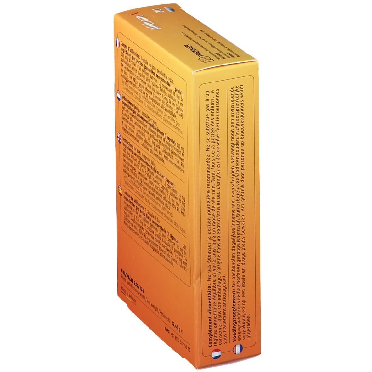 Retro in prospettiva della confezione di Alidrom X. Informazioni multilingue. Peso netto: 22,40 g.