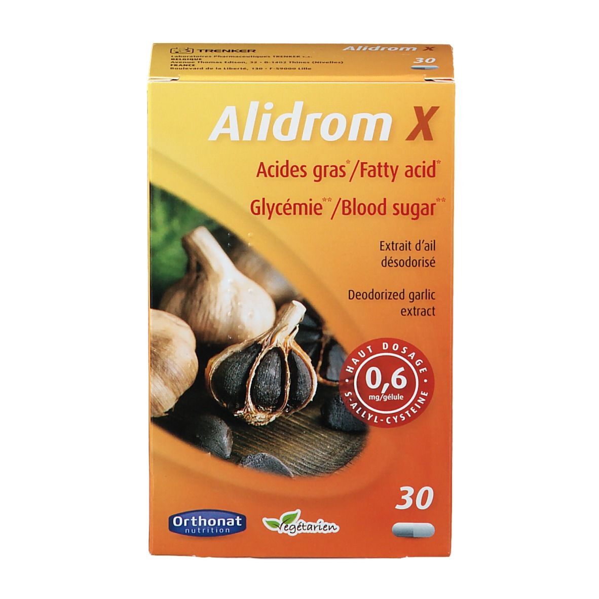 Confezione di Alidrom X. Contiene 30 capsule. Scritte: Acides gras/Fatty acid, Glycémie/Blood sugar, Estratto d'aglio.