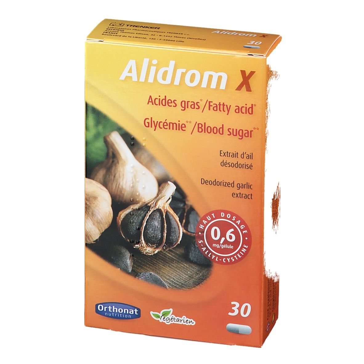 Confezione di Alidrom X. Contiene 30 capsule. Scritte: Acides gras/Fatty acid, Glycémie/Blood sugar, Estratto d'aglio.