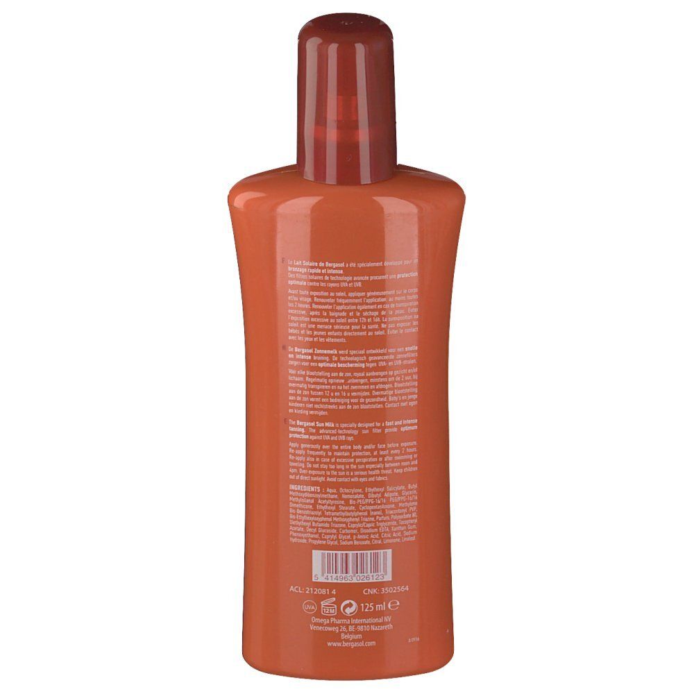 Retro di un flacone marrone. Testo multilingue. Scritta: 125 ml.