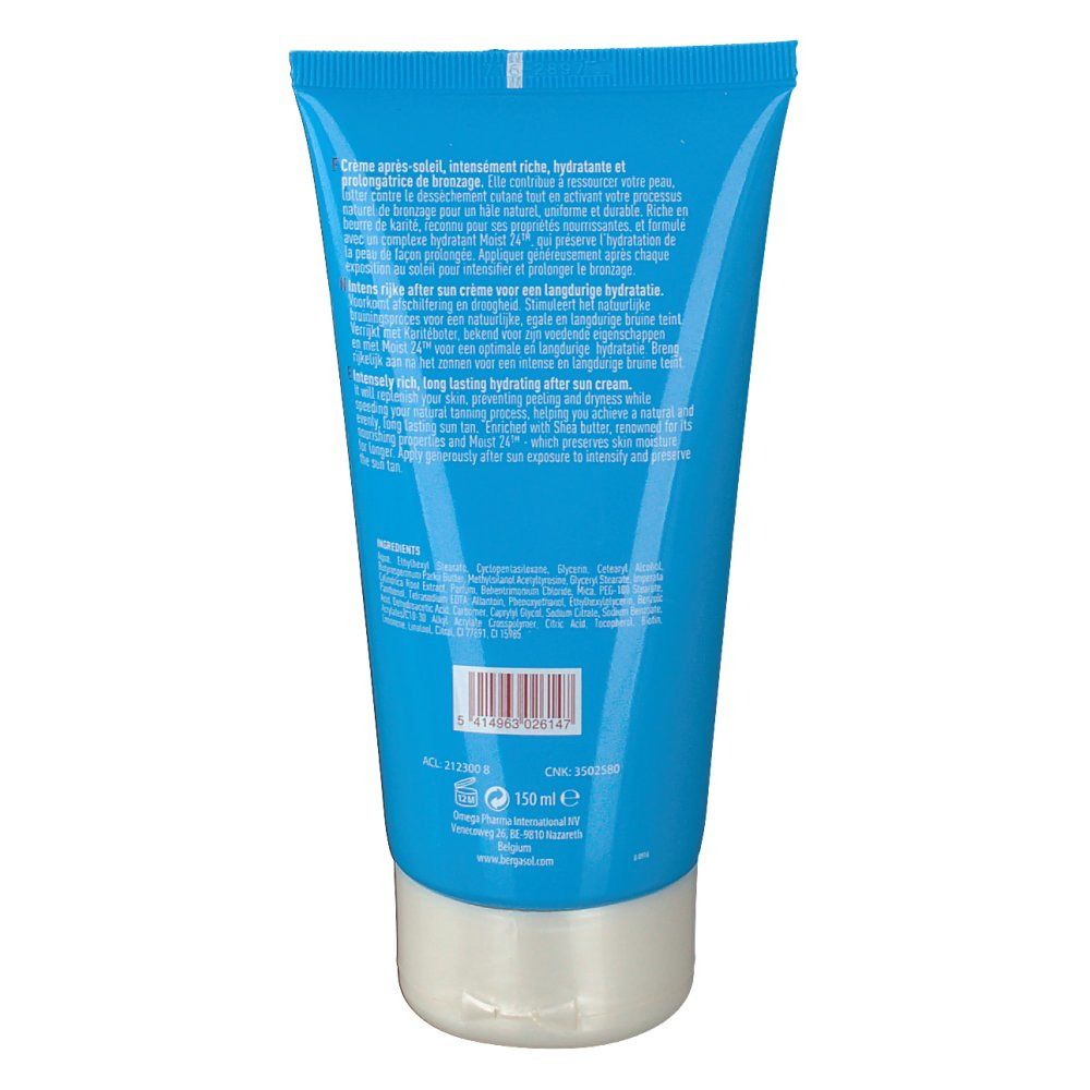 Tubo blu con tappo bianco. Retro con testo in più lingue. "150 ml" in basso.