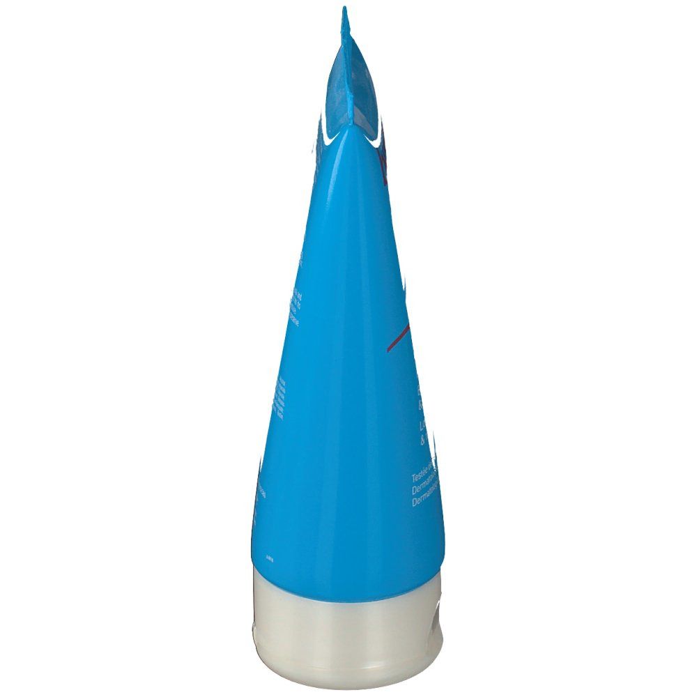 Tubo blu, visto in diagonale dal basso. Appuntito in alto, con dispositivo di sospensione. Chiusura bianca in basso.