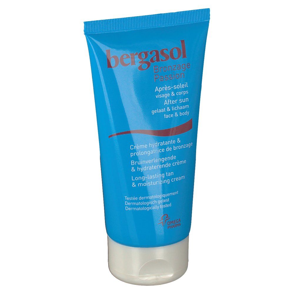 Tubo blu con tappo bianco. Scritta "bergasol Bronzage Passion". Testo in più lingue.