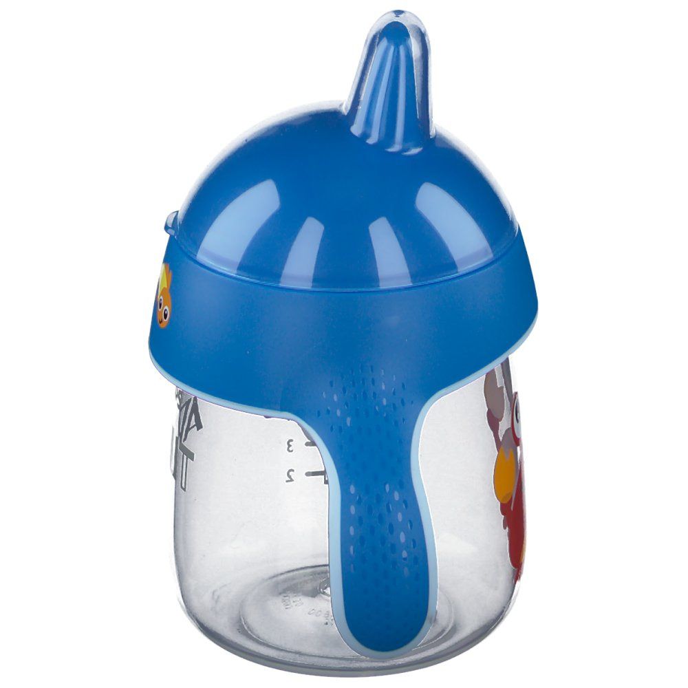 Bicchiere blu con coperchio e manico. Stampa: pesce. Scritta: Philips Avent.