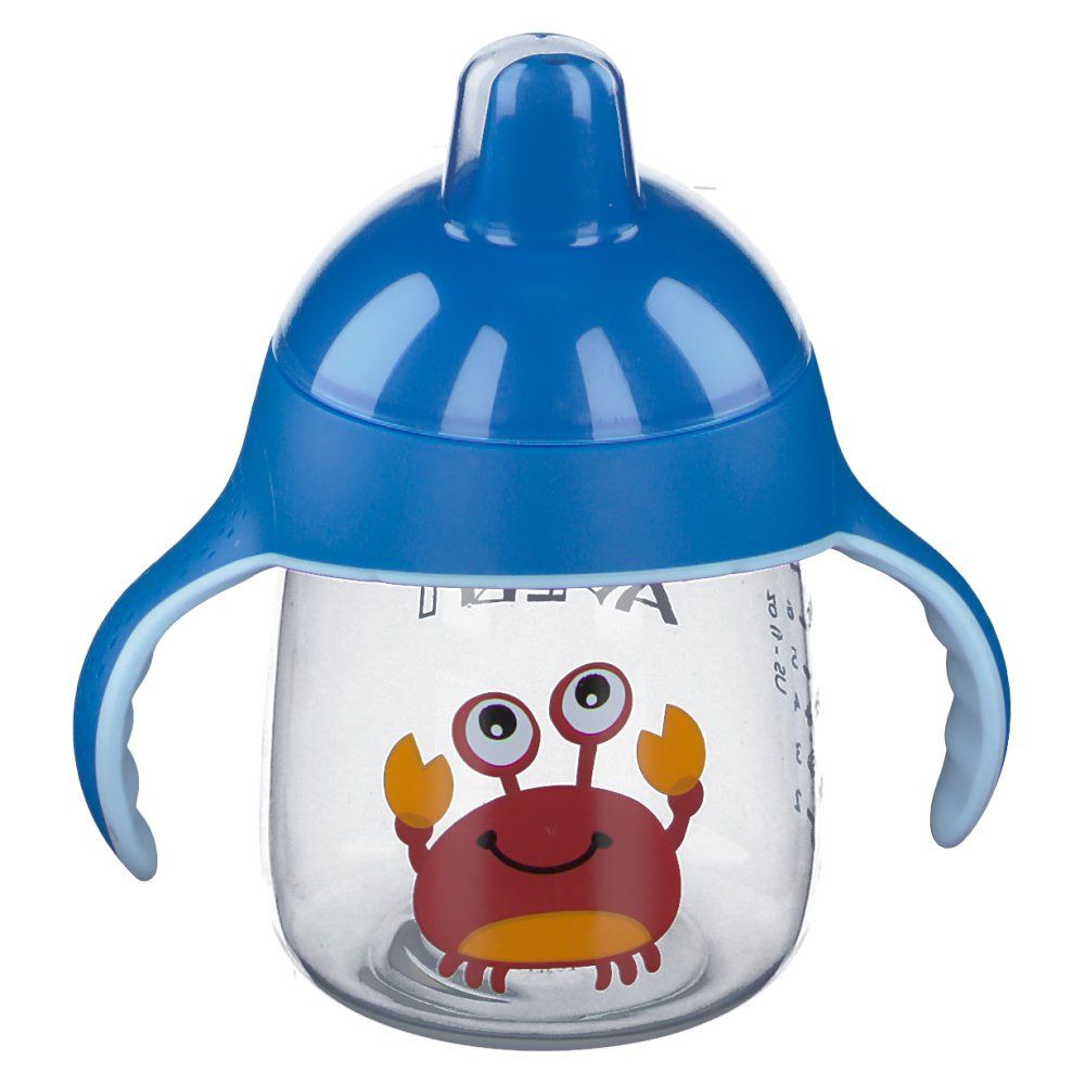 Bicchiere blu con manici e coperchio. Stampa: granchio. Scritta: Philips Avent.