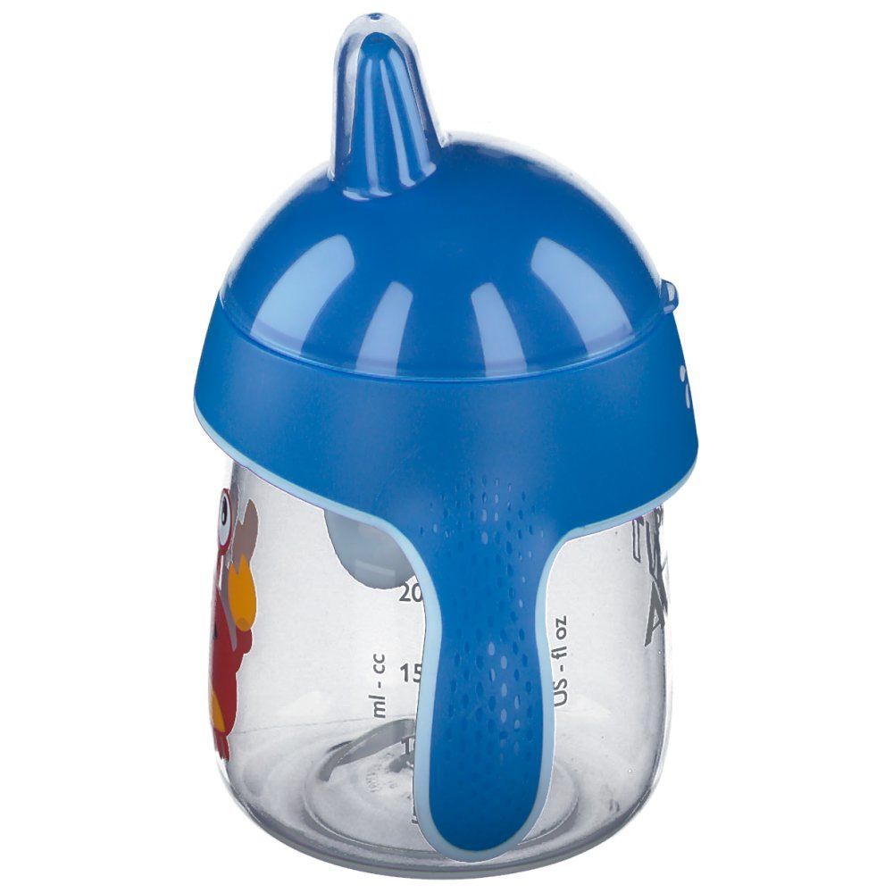 Bicchiere blu con coperchio e manico. Stampa: granchio. Scritta: Philips Avent.