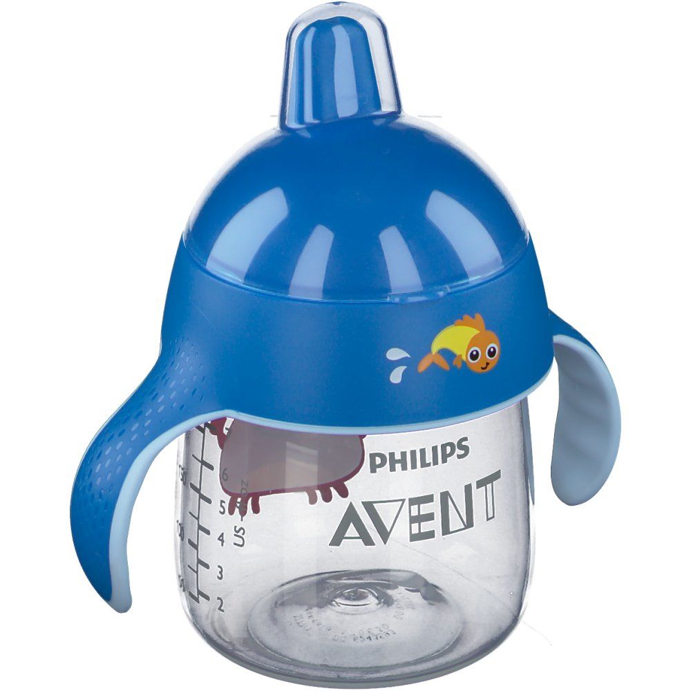 Bicchiere blu con manici e coperchio. Stampa: pesce. Scritta: Philips Avent.