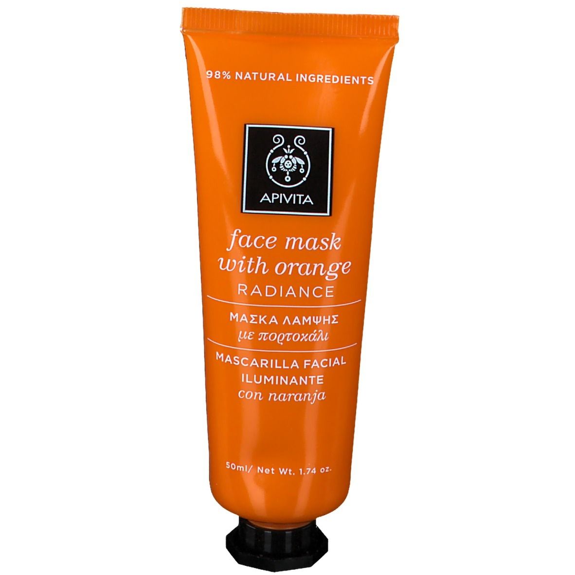 Tubo arancione con nome del prodotto e logo. Testo: "face mask with orange".