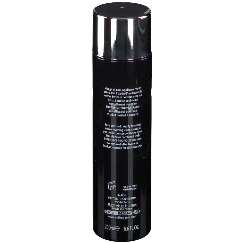 Flacone nero, tappo argentato. Testo sul flacone. INSTITUT ESTHEDERM PARIS. Scritta: Intensiv Propolis.