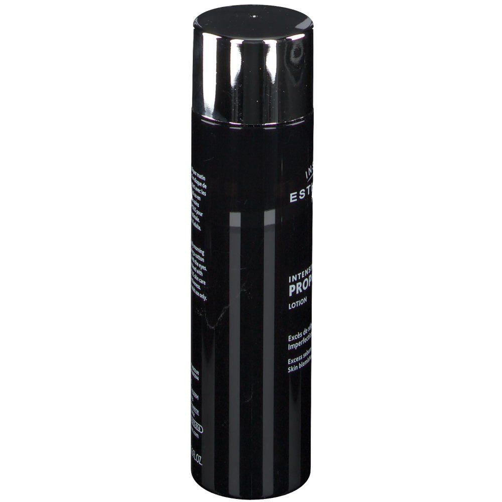 Flacone nero, tappo argentato. Strisce verticali. INSTITUT ESTHEDERM PARIS. Scritta: Intensiv Propolis Lotion.