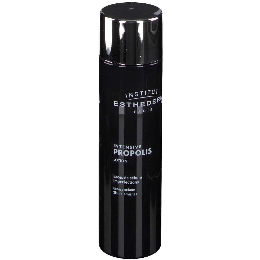 Flacone nero, tappo argentato. INSTITUT ESTHEDERM PARIS. Scritta: Intensiv Propolis Lotion. Contro le imperfezioni.