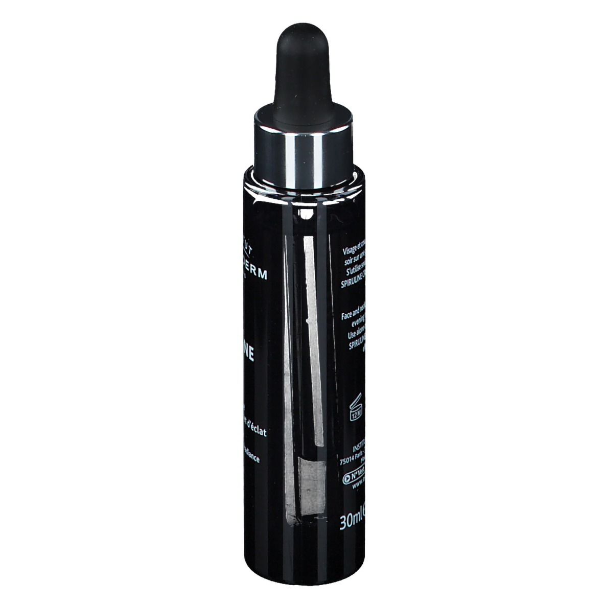Flacone nero con pipetta. Scritta: INSTITUT ESTHEDERM PARIS, INTENSIVE SPIRULINE. Testo sul retro.