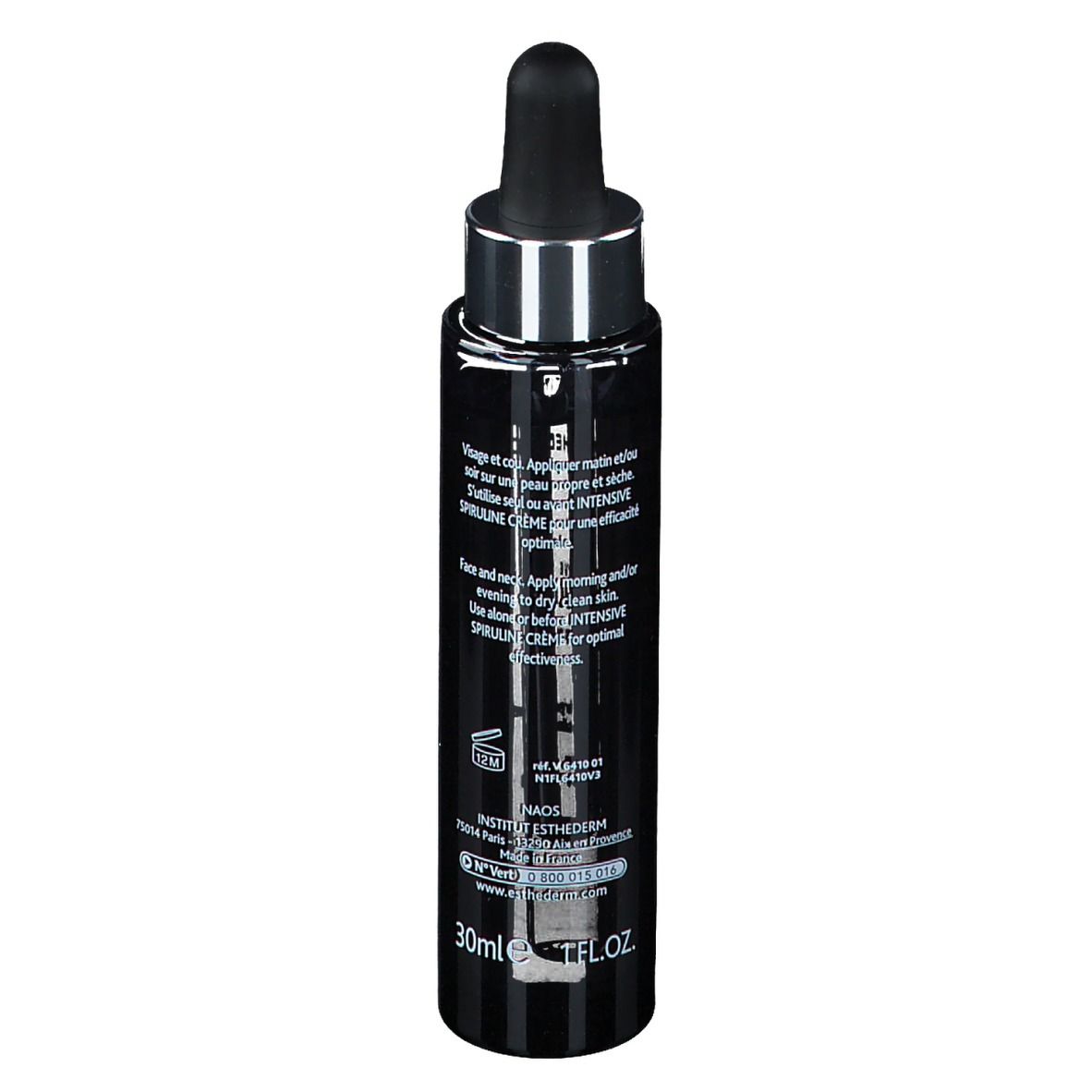 Flacone nero con pipetta. Scritta: INSTITUT ESTHEDERM PARIS, INTENSIVE SPIRULINE. Testo sul retro.