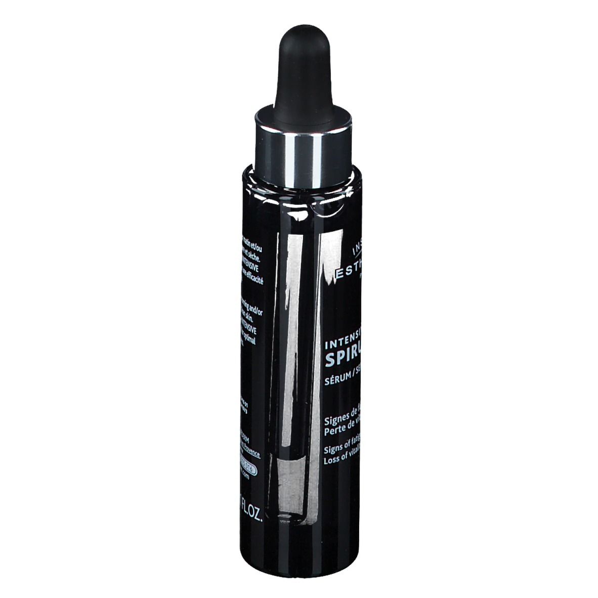 Flacone nero con pipetta. Scritta: INSTITUT ESTHEDERM PARIS, INTENSIVE SPIRULINE. Testo sul retro.