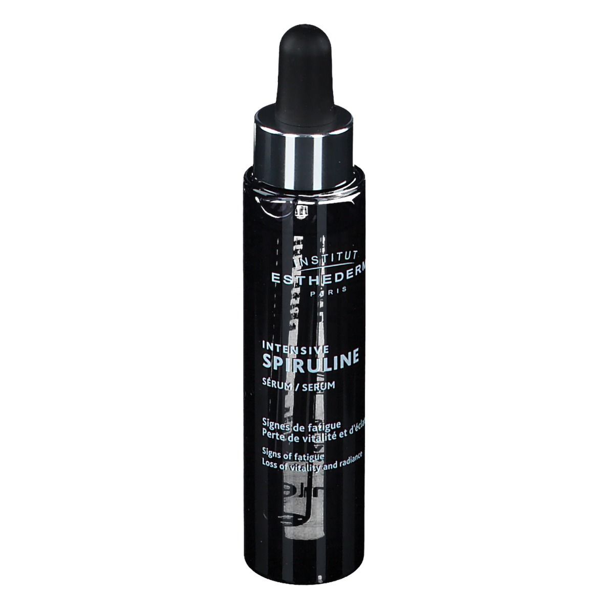 Flacone nero con pipetta. Scritta: INSTITUT ESTHEDERM PARIS, INTENSIVE SPIRULINE. Testo sul retro.