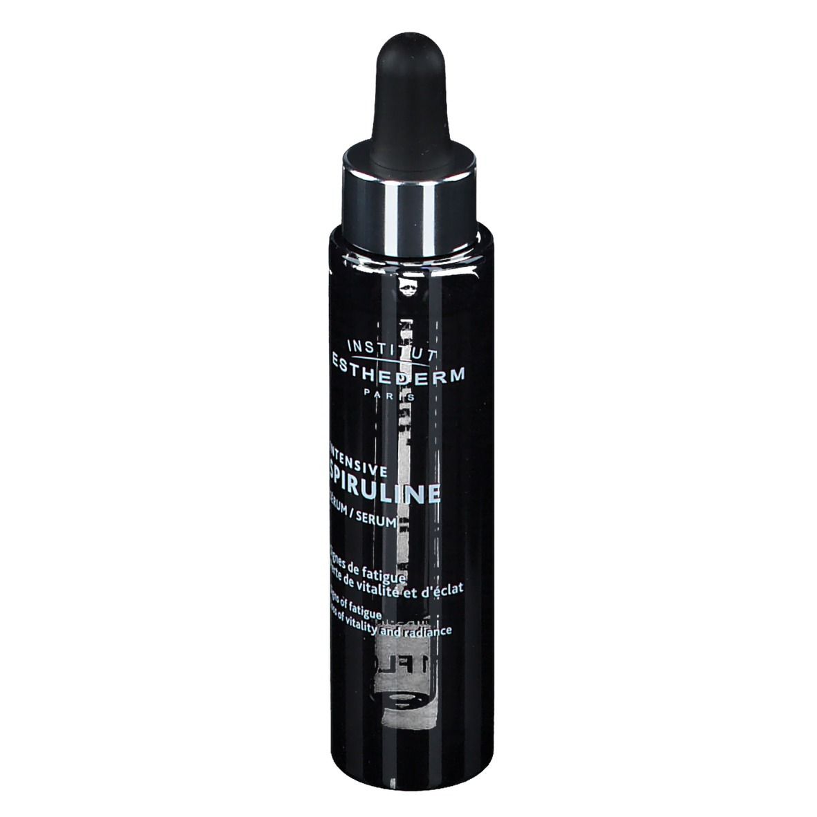 Flacone nero con pipetta. Scritta: INSTITUT ESTHEDERM PARIS, INTENSIVE SPIRULINE. Testo sul retro.