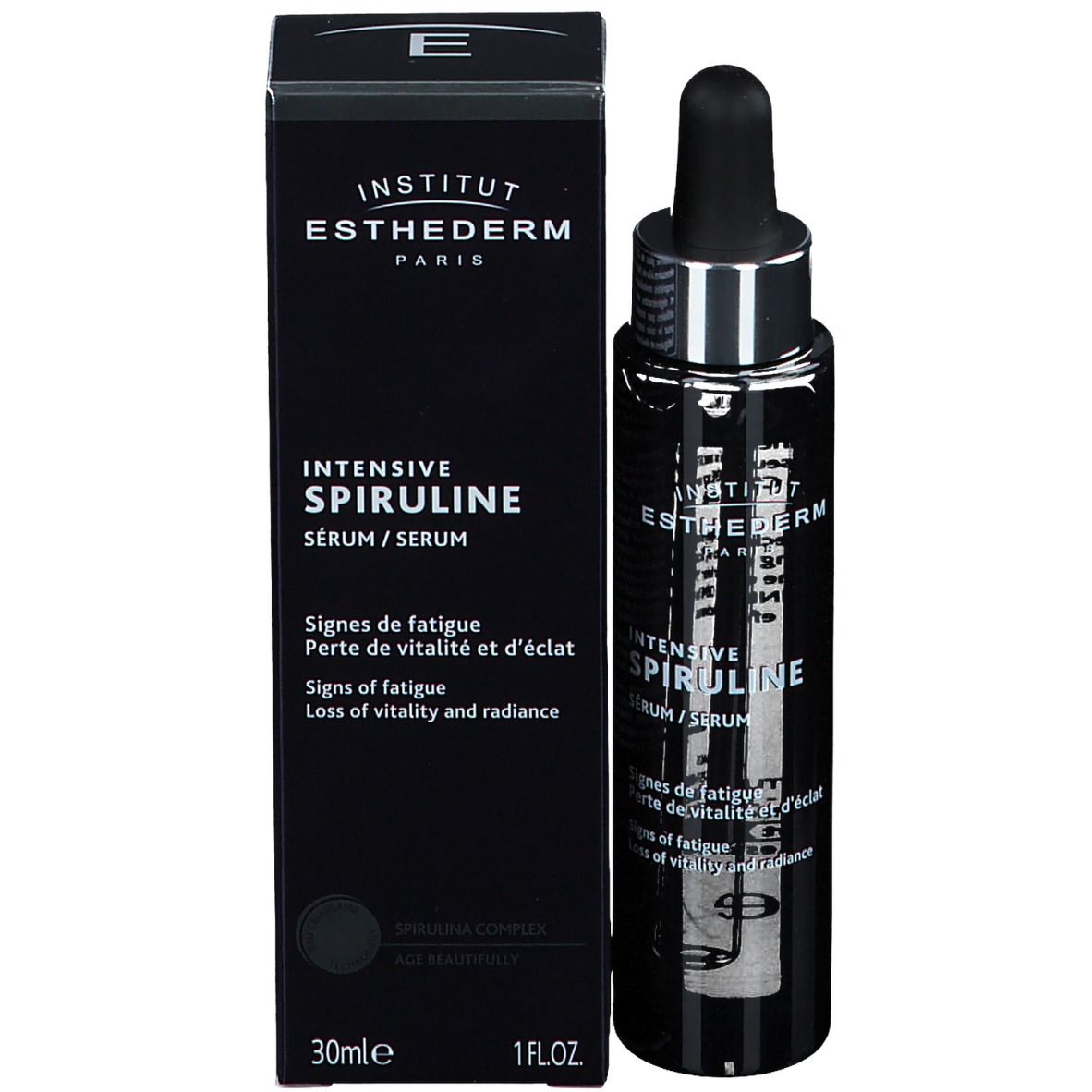 Flacone nero con pipetta e confezione nera. Scritta: INSTITUT ESTHEDERM PARIS, INTENSIVE SPIRULINE.