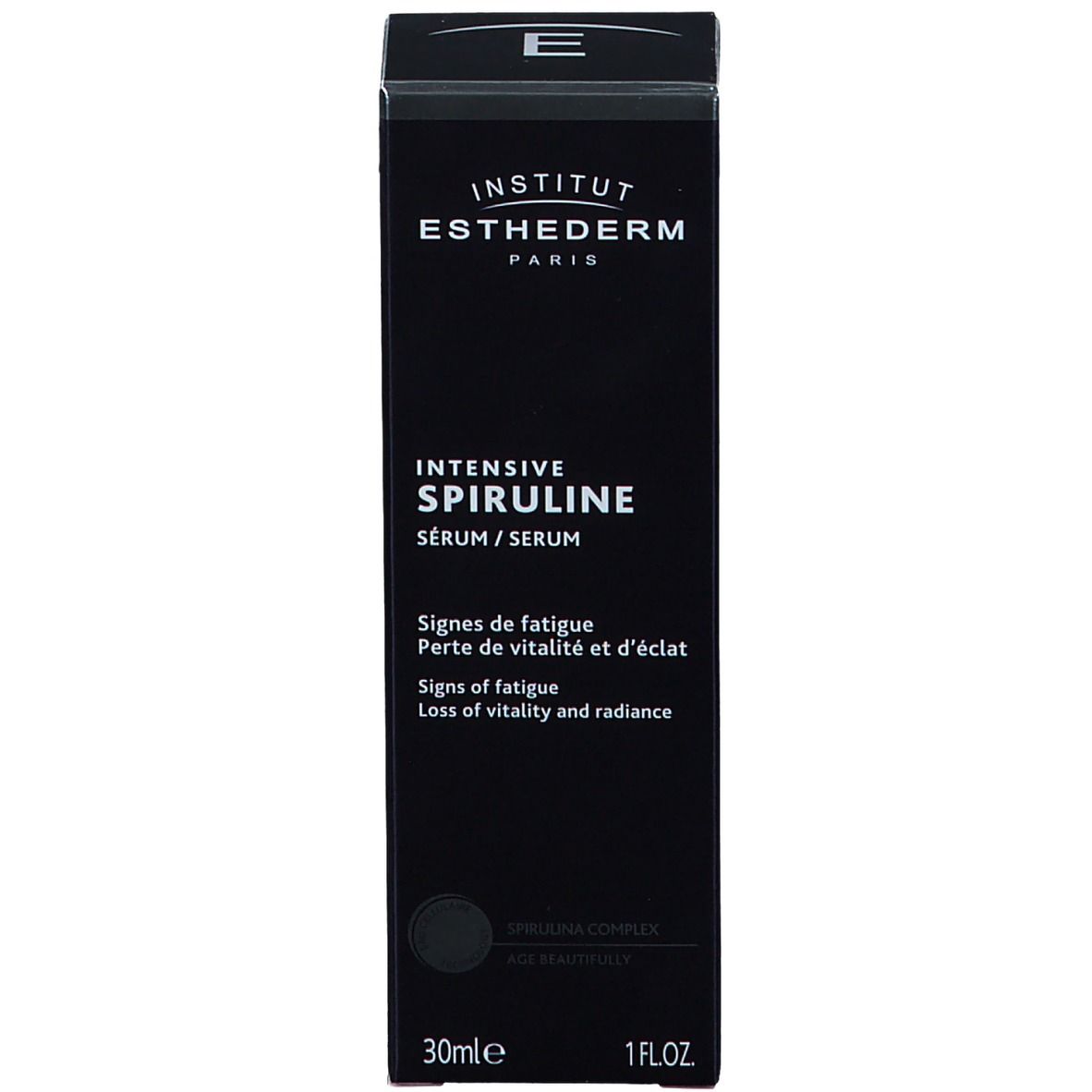 Confezione nera con scritta: INSTITUT ESTHEDERM PARIS, INTENSIVE SPIRULINE. 30ml e 1FL.OZ.