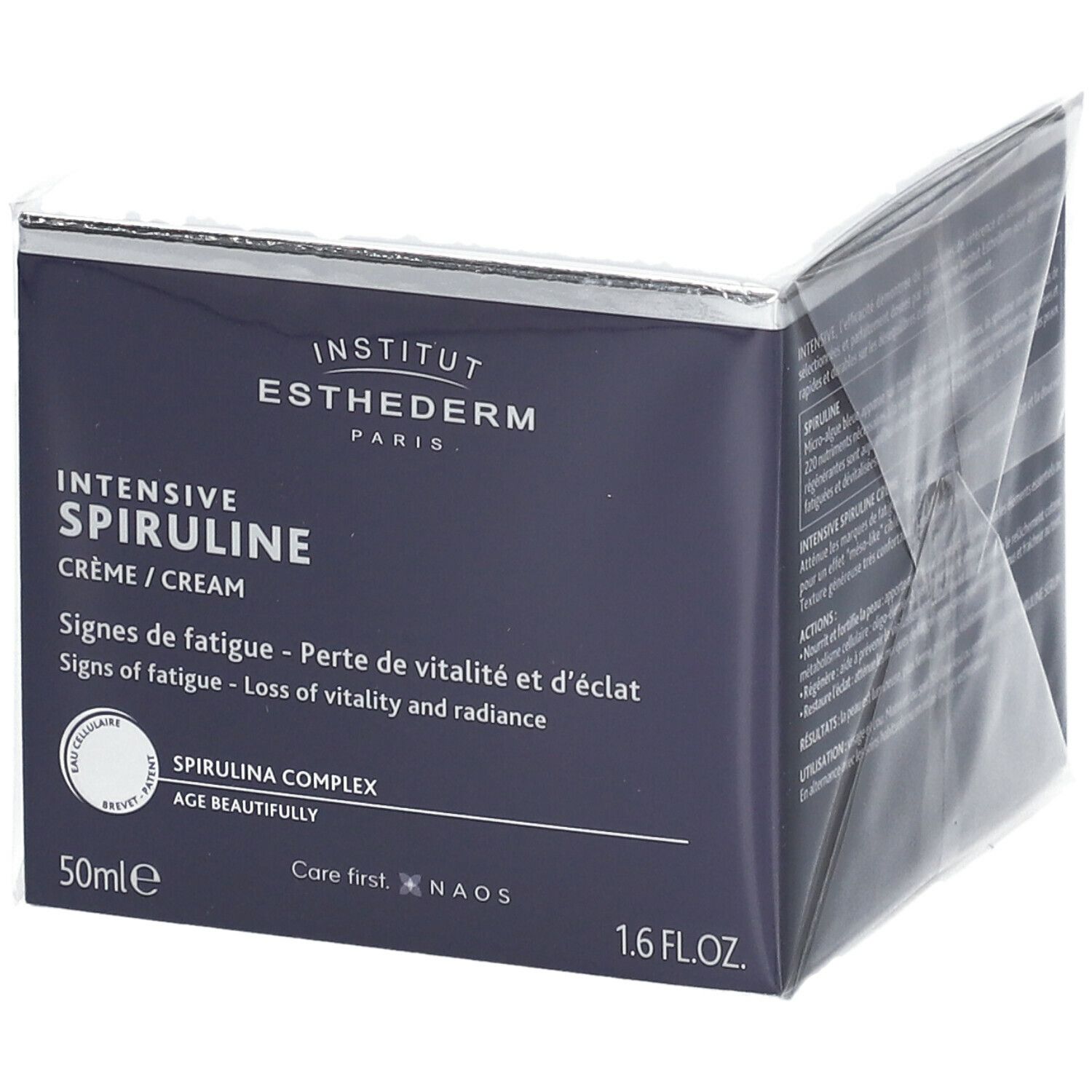Scatola blu scuro INSTITUT ESTHEDERM. INTENSIVE SPIRULINE CRÈME/CREAM. 50ml. Segni di affaticamento.