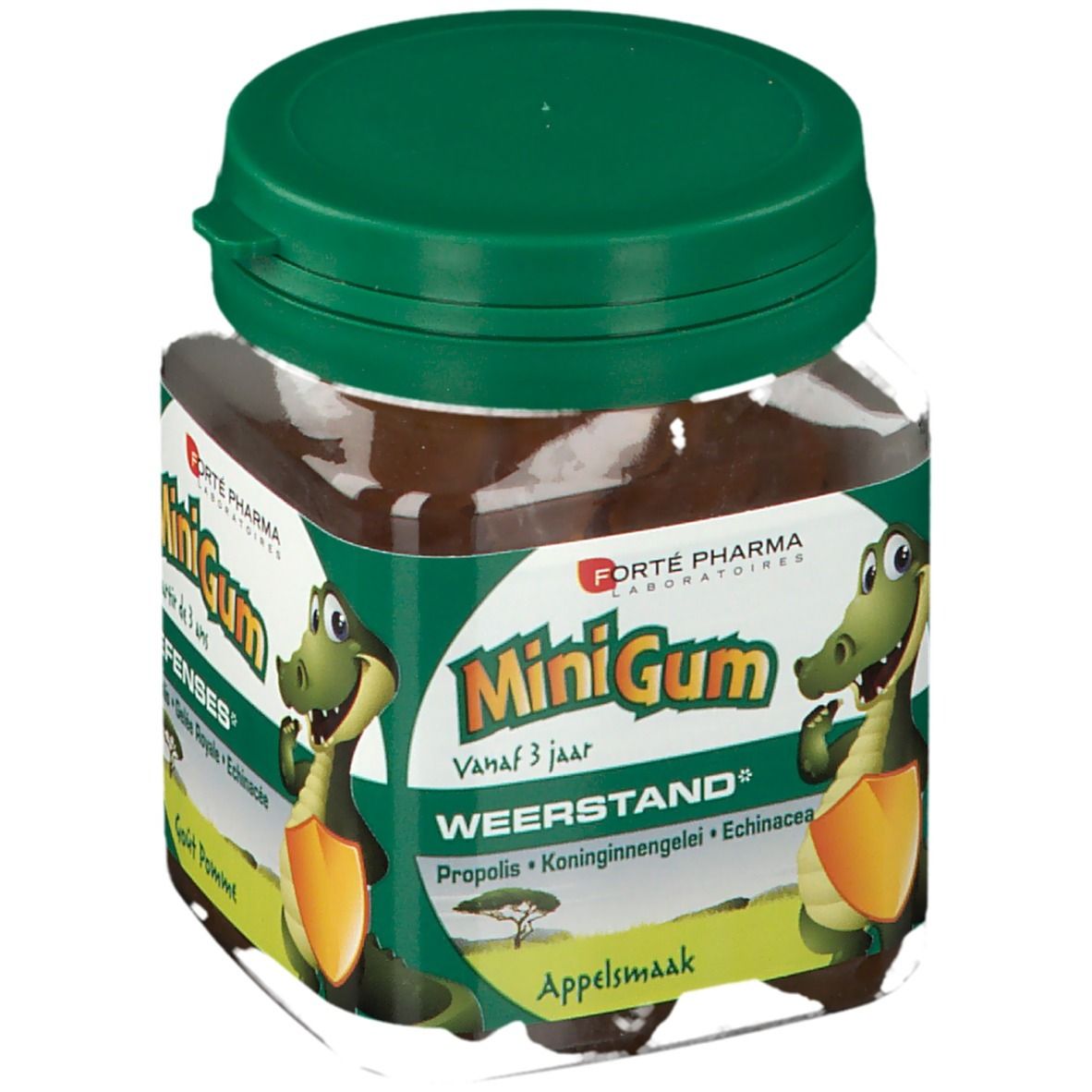 Barattolo di MiniGum Weerstand, per bambini dai 3 anni. Contiene Propoli, Pappa Reale, Echinacea. Gusto mela. Illustrazione coccodrillo.