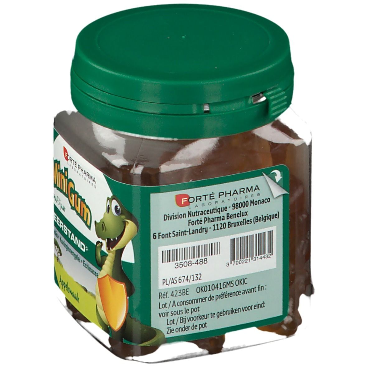 Barattolo di MiniGum Weerstand, per bambini dai 3 anni. Contiene Propoli, Pappa Reale, Echinacea. Gusto mela. Informazioni sul retro.