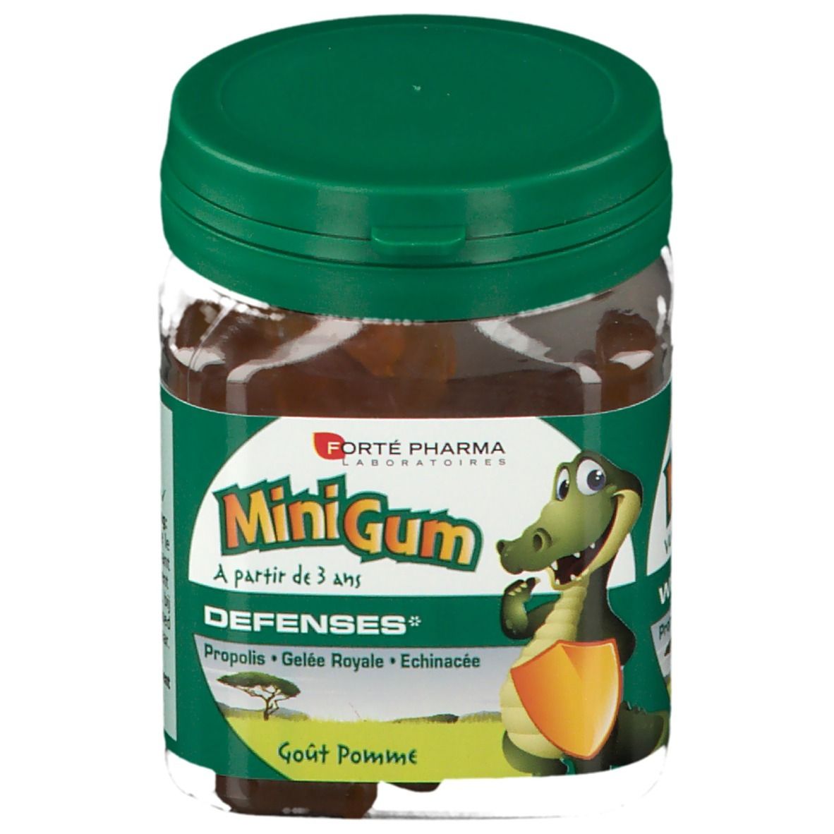 Barattolo di MiniGum Défenses, per bambini dai 3 anni. Contiene Propoli, Pappa Reale, Echinacea. Gusto mela. Illustrazione coccodrillo.
