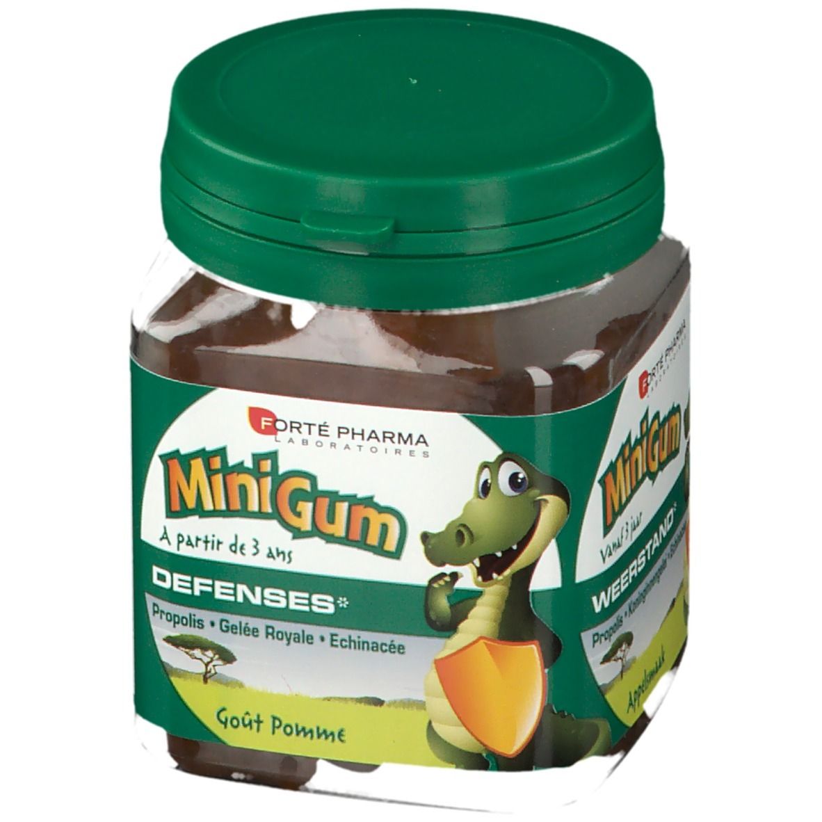 Barattolo di MiniGum Weerstand, per bambini dai 3 anni. Contiene Propoli, Pappa Reale, Echinacea. Gusto mela. Illustrazione coccodrillo.