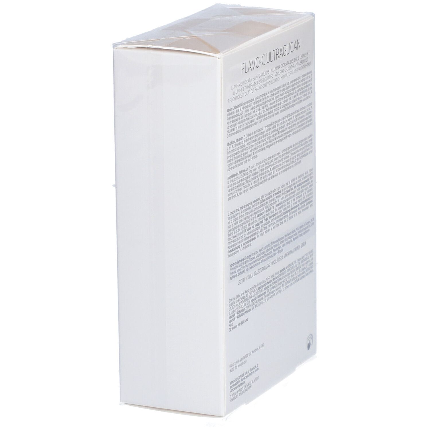 Vista laterale della scatola bianca. Nome del prodotto Flavo-C Ultraglican Serum. Testo in più lingue.