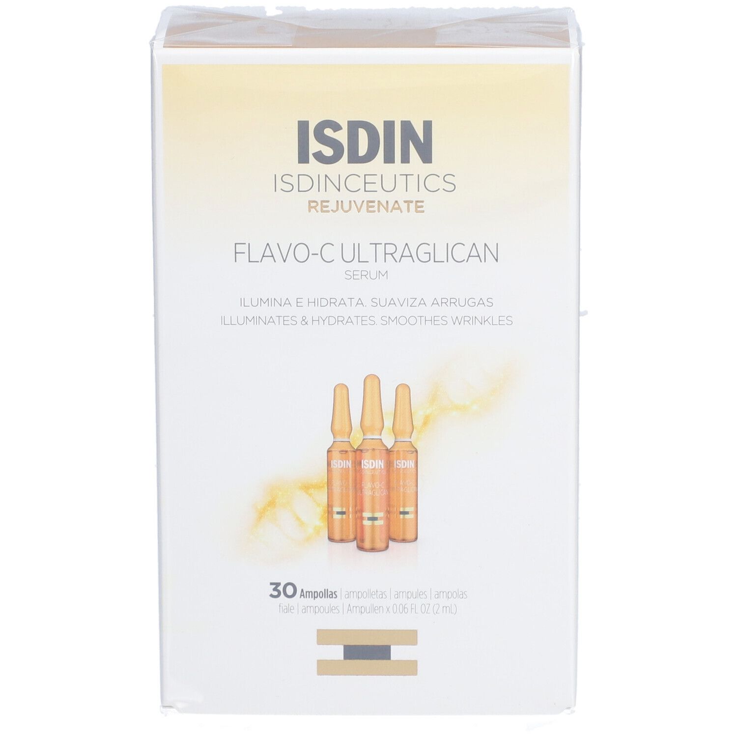 Scatola bianca con logo ISDIN e nome del prodotto Flavo-C Ultraglican Serum. Sono raffigurate delle fiale.