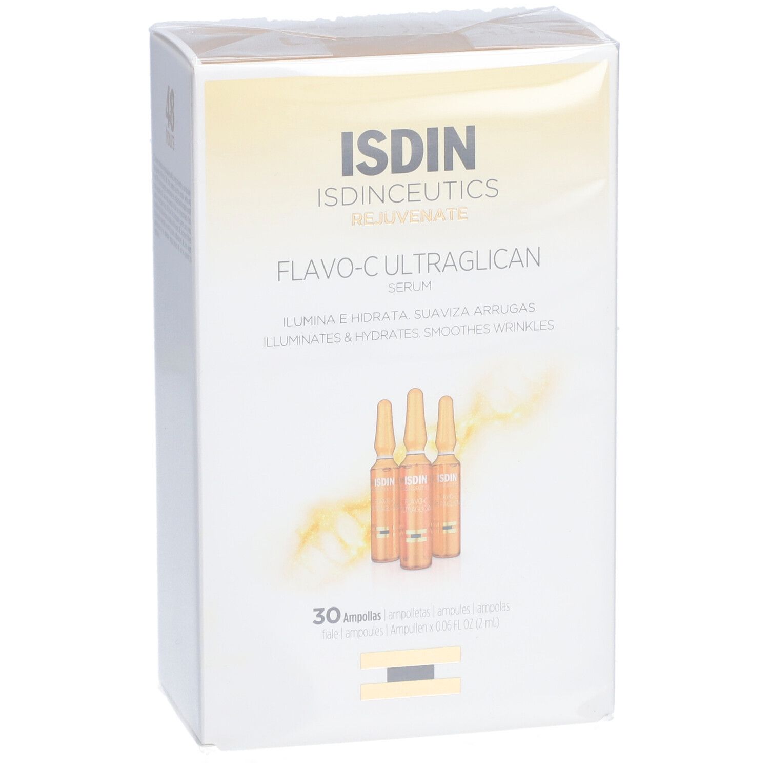 Scatola bianca con logo ISDIN e nome del prodotto Flavo-C Ultraglican Serum. Sono raffigurate delle fiale.