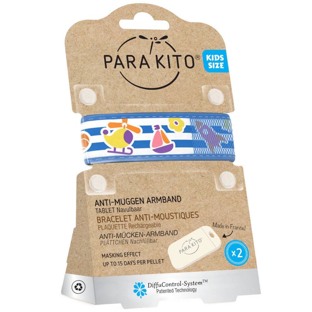 Braccialetto anti-zanzare blu e bianco per bambini, in confezione. Marchio Para'Kito. Contiene 2 pastiglie.
