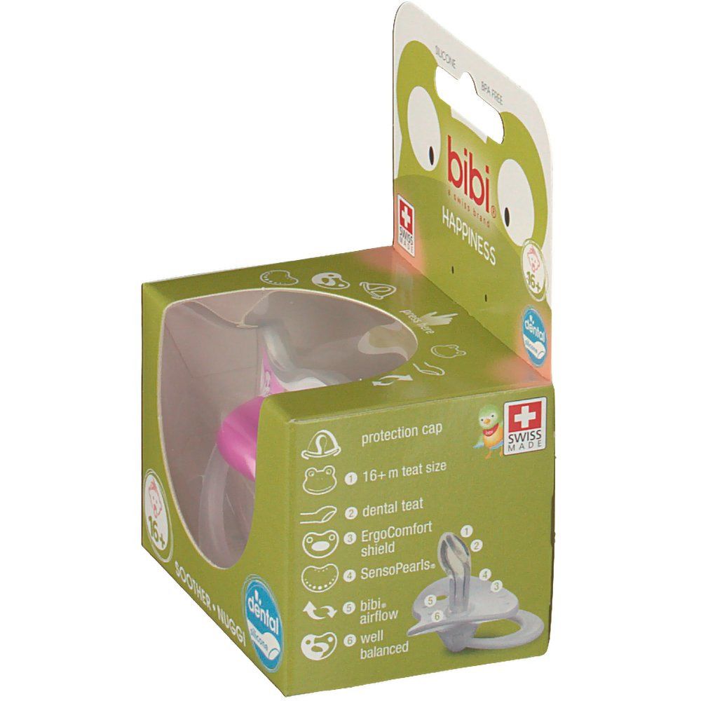 Confezione con ciuccio. Ciuccio rosa in finestra. Marchio: bibi, Swiss Made. Informazioni sulle caratteristiche.