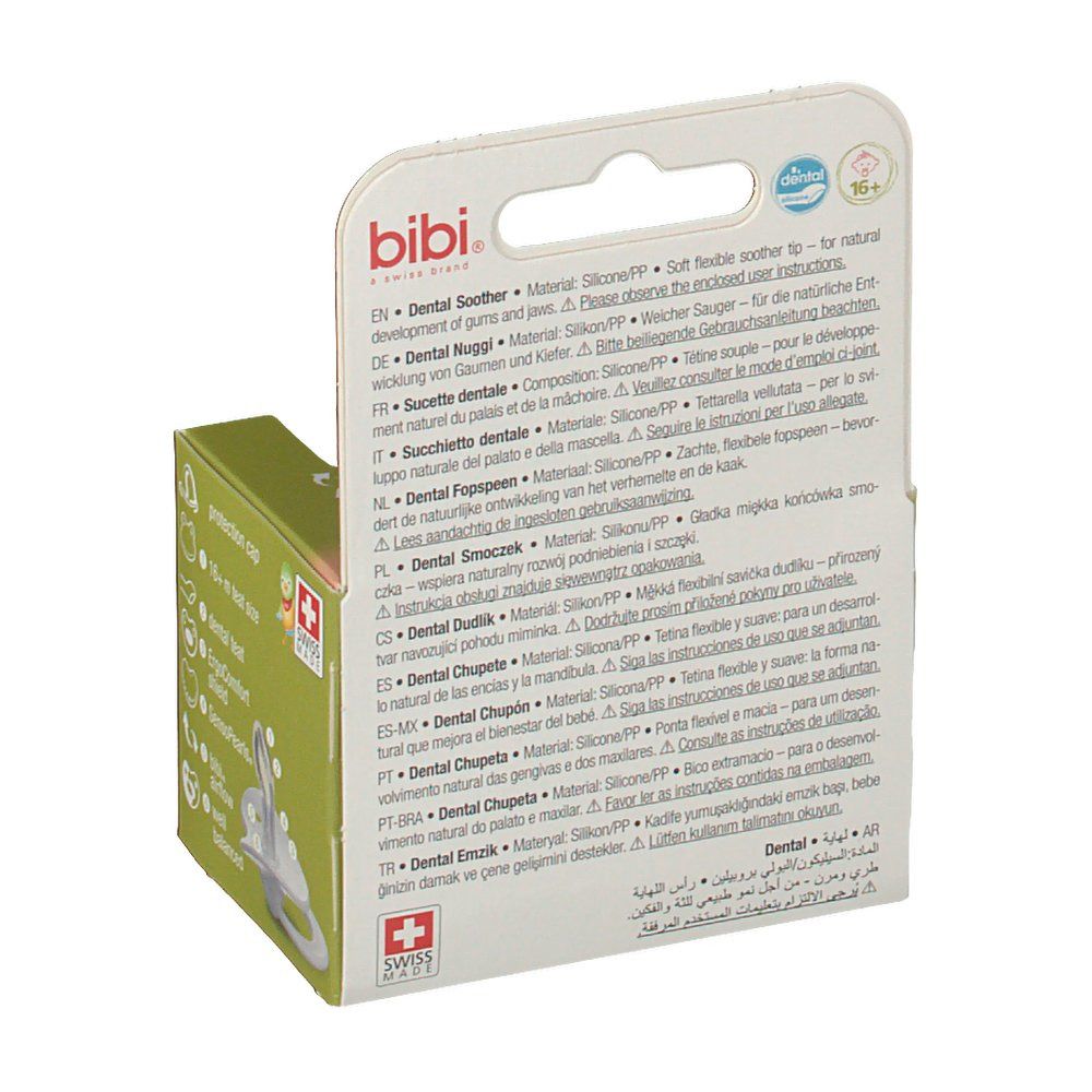 Retro della confezione. Testo multilingue. Marchio: bibi, Swiss Made. Informazioni su materiali e caratteristiche.