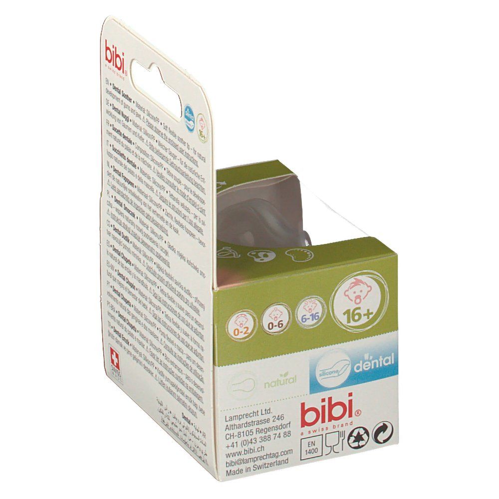 Confezione con ciuccio. Marchio: bibi, Swiss Made. Adatto per 16+ mesi. Finestra trasparente.
