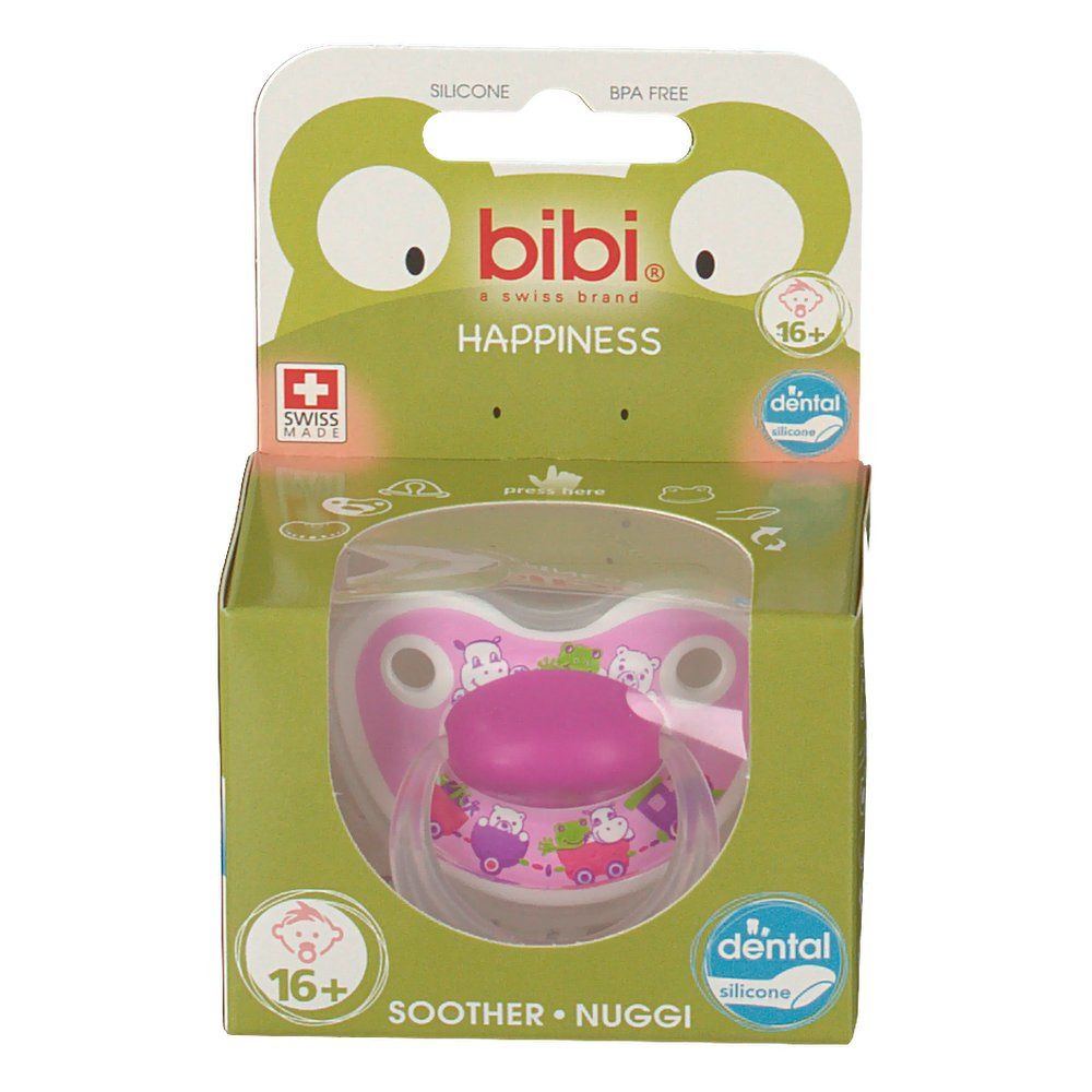 Confezione con ciuccio. Ciuccio rosa stampato, 16+ mesi. Marchio: bibi, Swiss Made. Finestra trasparente.