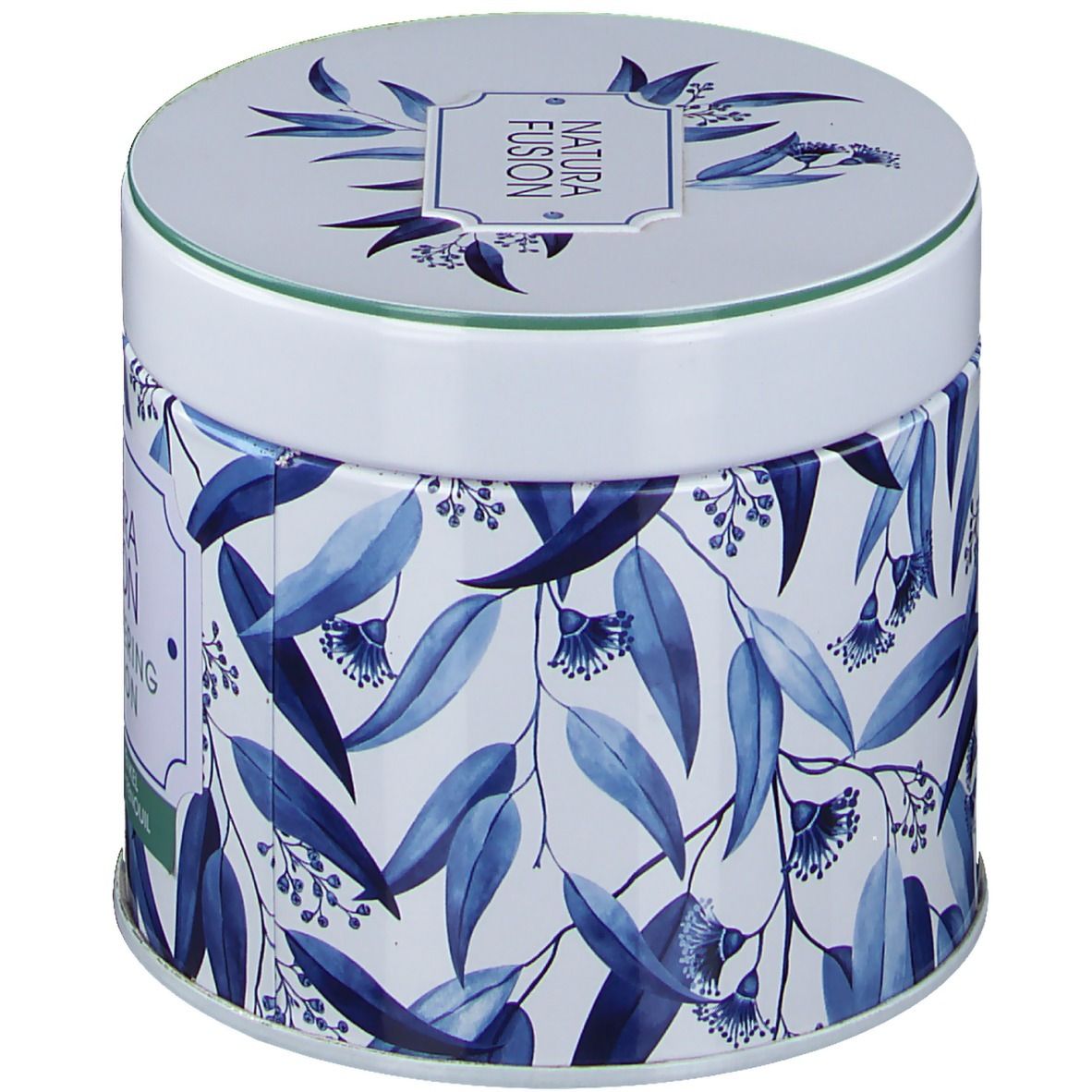 Barattolo rotondo con motivo a foglie blu e scritta Natura Fusion. Coperchio con logo. Bordo verde.