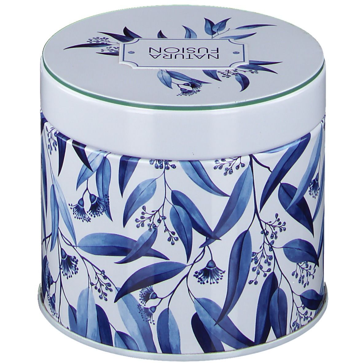 Barattolo rotondo con motivo a foglie blu e scritta Natura Fusion. Coperchio con logo. Bordo verde.