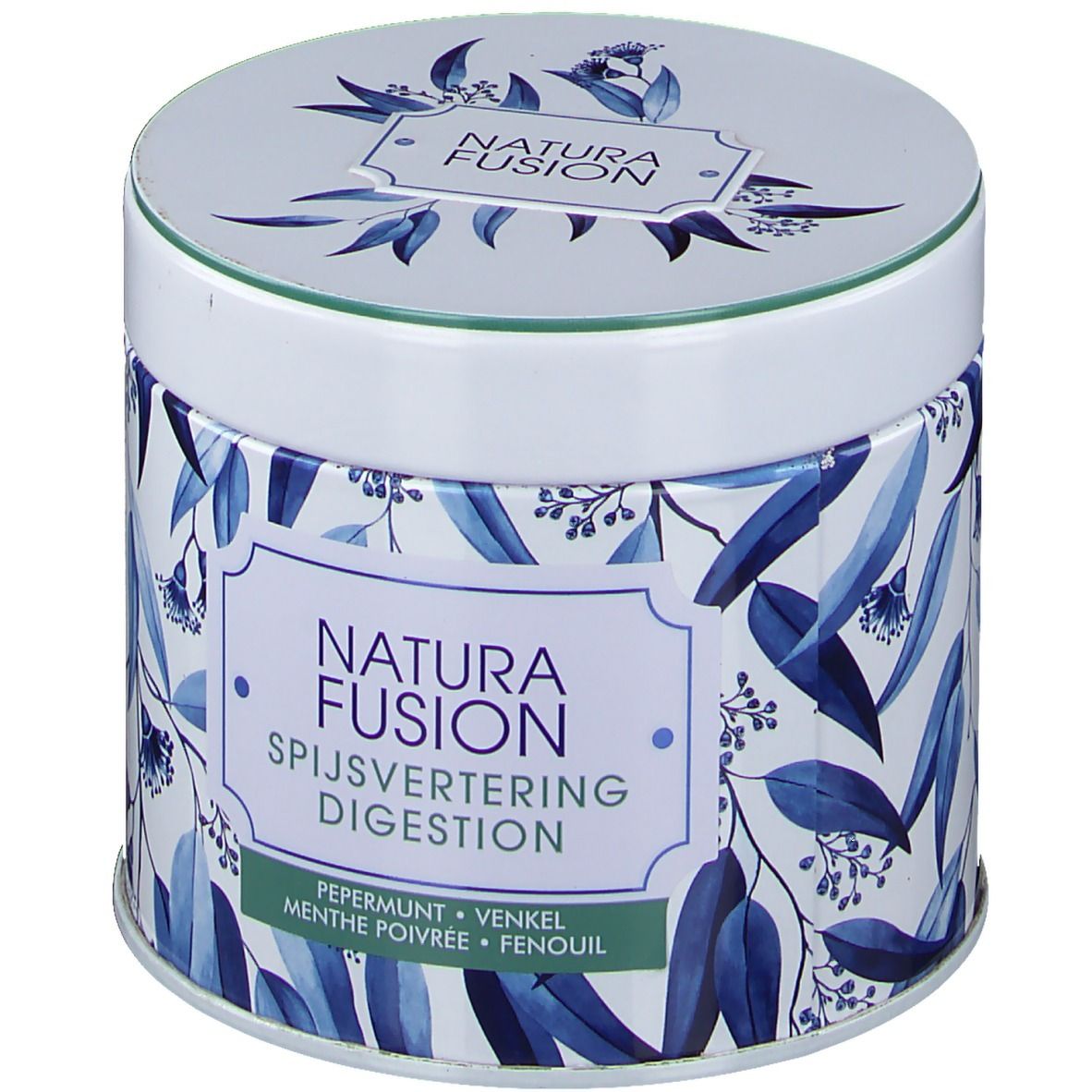 Barattolo rotondo con motivo a foglie blu e scritta Natura Fusion Digestión. Contiene menta piperita, finocchio e finocchio.
