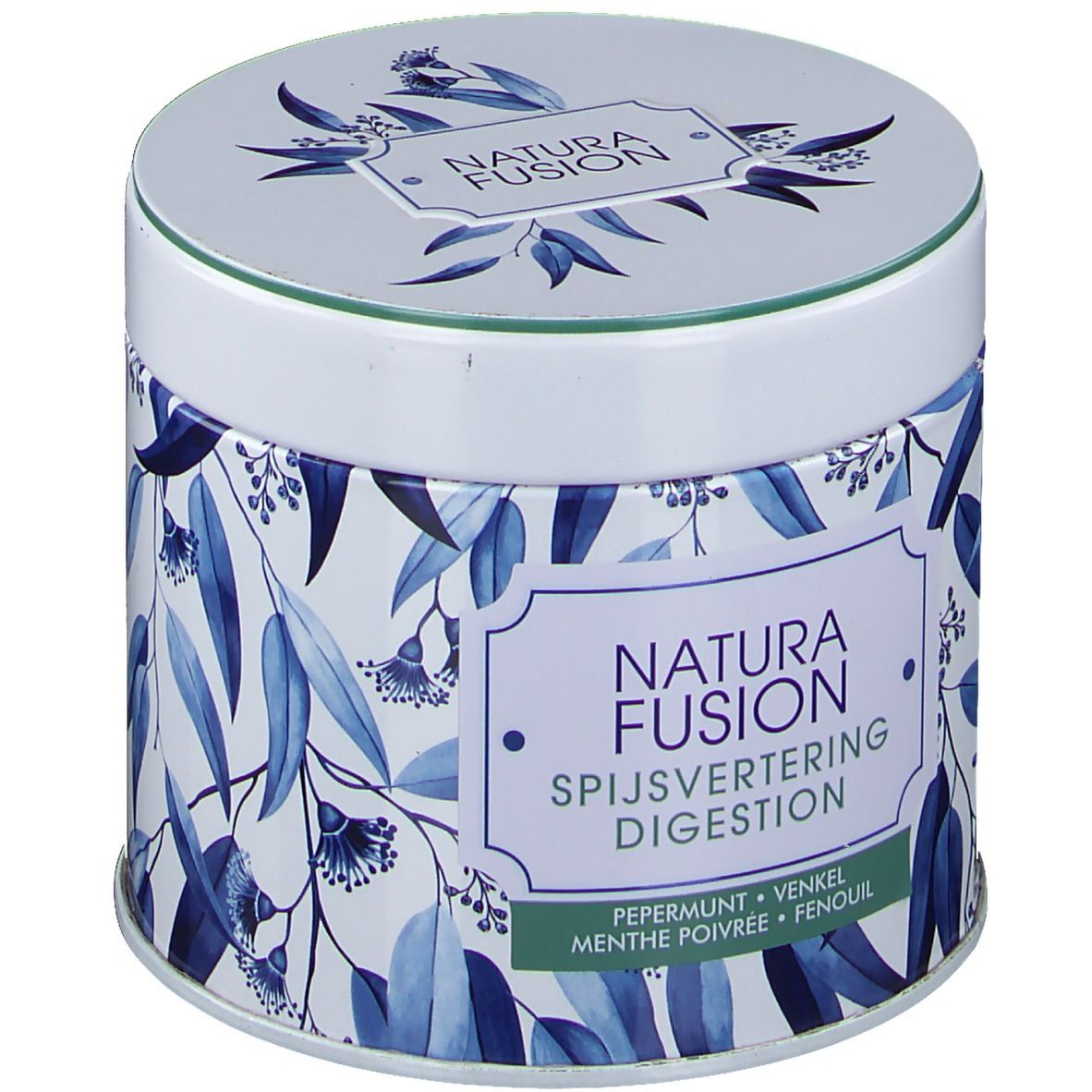Barattolo rotondo con motivo a foglie blu e scritta Natura Fusion Digestión. Contiene menta piperita, finocchio e finocchio.