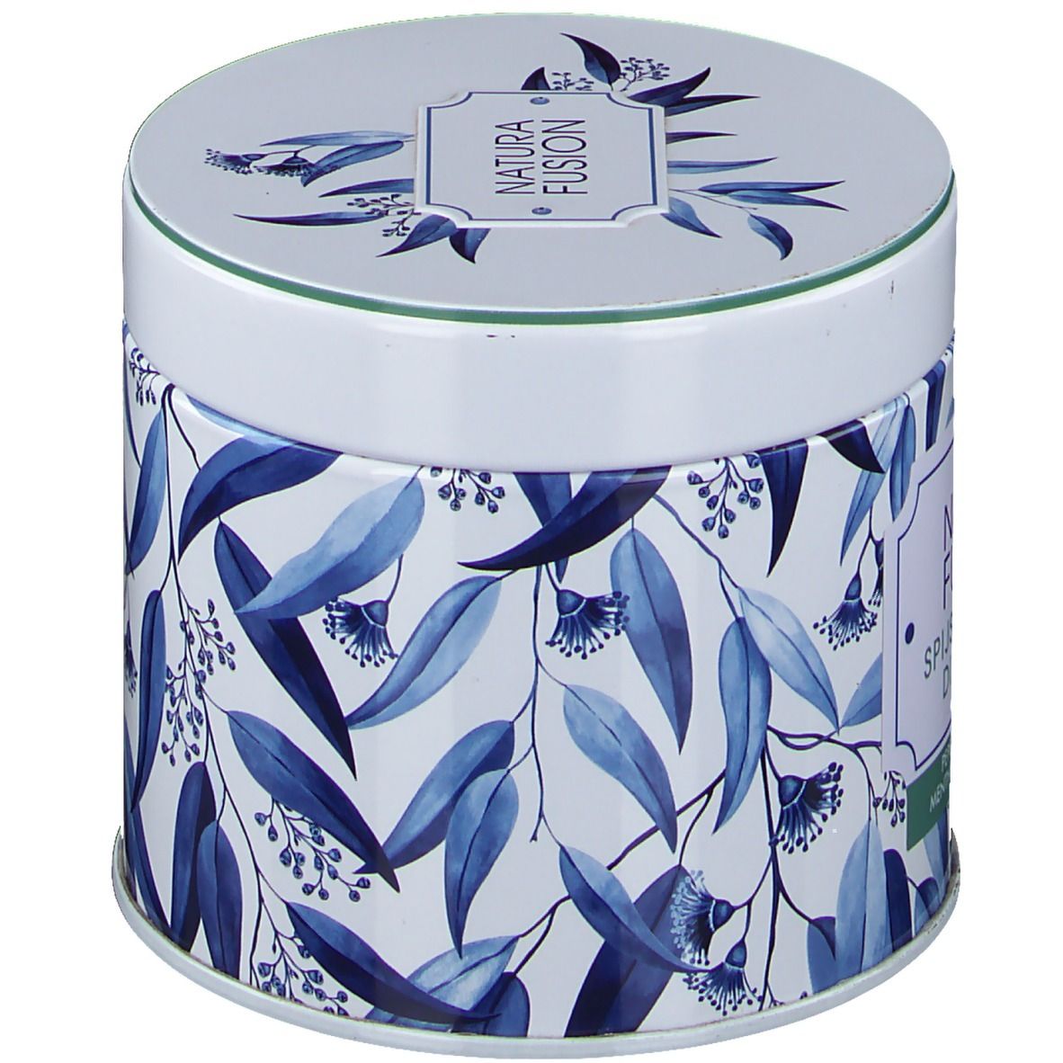 Barattolo rotondo con motivo a foglie blu e scritta Natura Fusion. Coperchio con logo. Bordo verde.