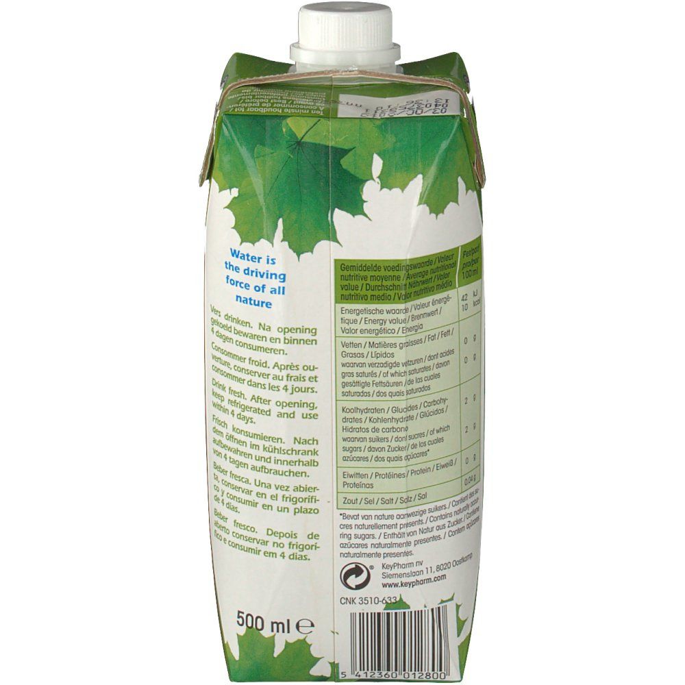 Retro della confezione con informazioni nutrizionali e testo. Contiene informazioni sugli ingredienti e i valori nutrizionali.