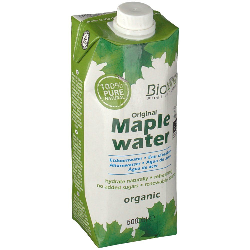 Confezione di Biotona Original Acqua di acero. Design verde e bianco con foglie e nome del prodotto. 500ml.
