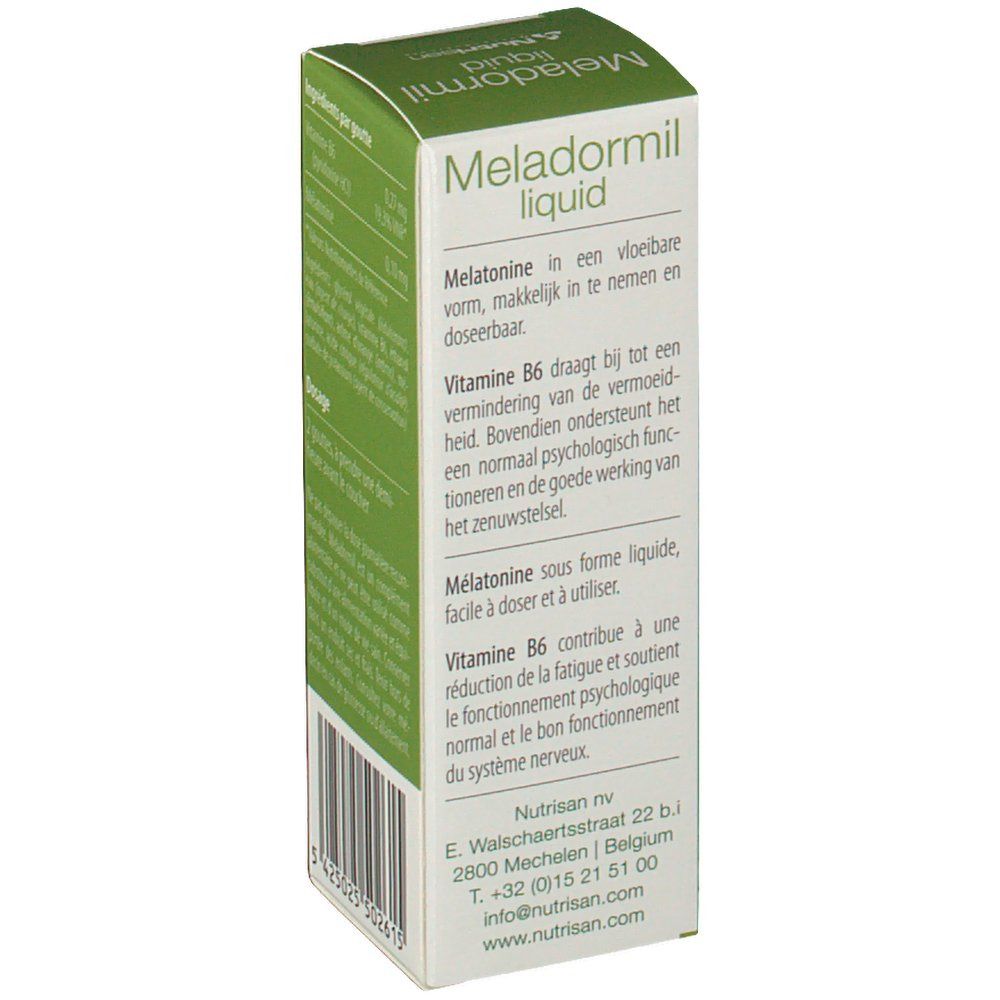 Scatola di Meladormil liquid. Testo in olandese e francese. Ingredienti e informazioni.