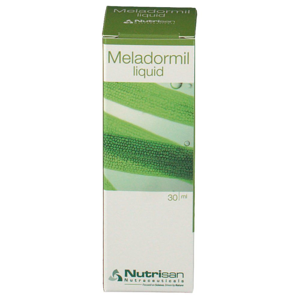 Scatola verticale. Scritta: Meladormil liquid. Logo Nutrisan. Indicazione 30 ml.
