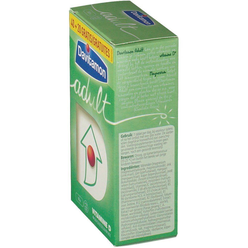 Vista laterale della confezione Davitamon Adult Vitamina D. Testo: Uso, ingredienti. Verde e bianco.