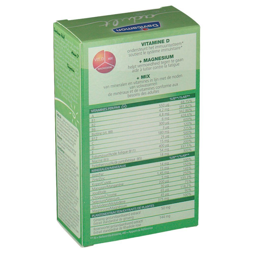 Retro della confezione Davitamon Adult Vitamina D. Contiene informazioni su vitamine e minerali.
