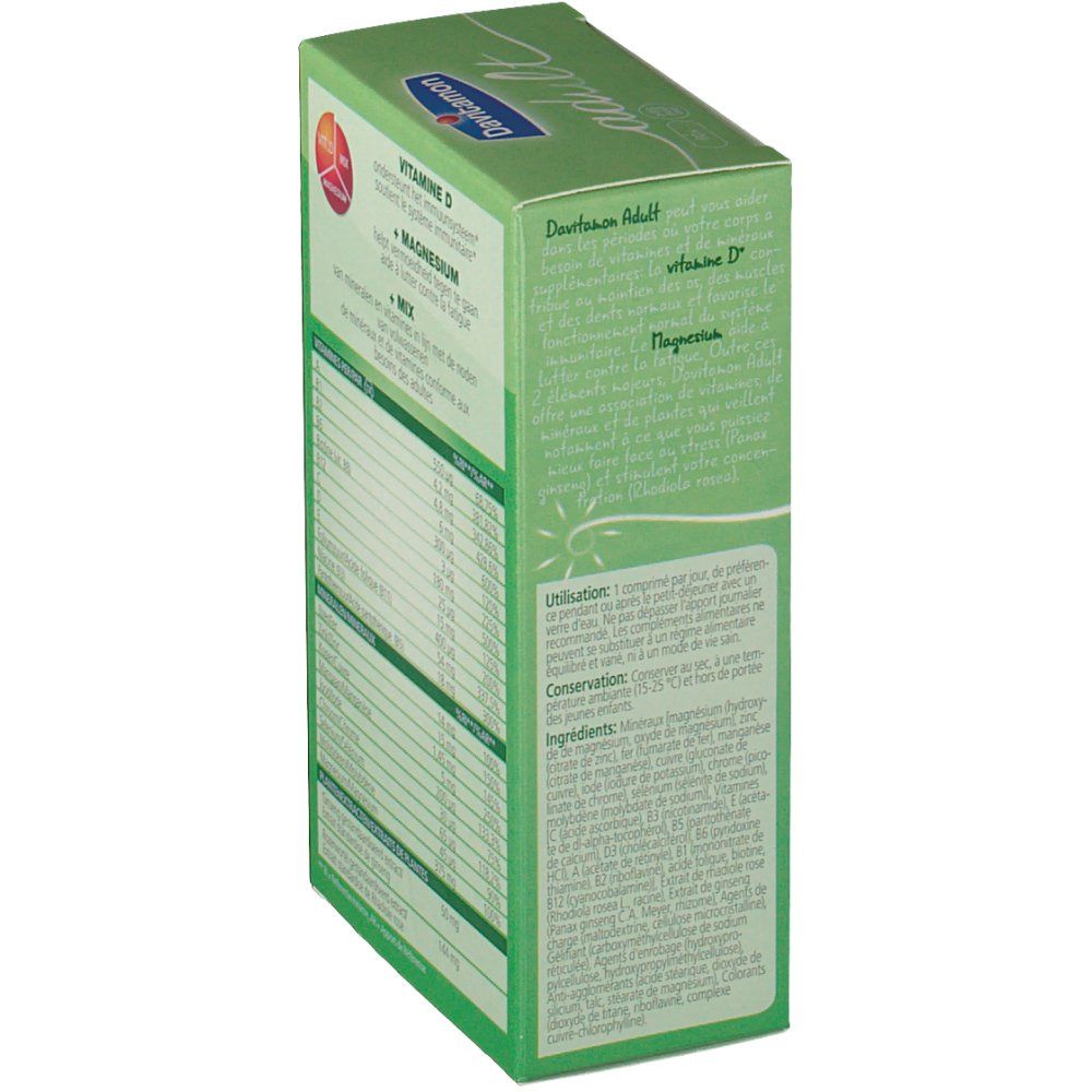 Vista laterale della confezione Davitamon Adult Vitamina D con testo su uso e ingredienti.