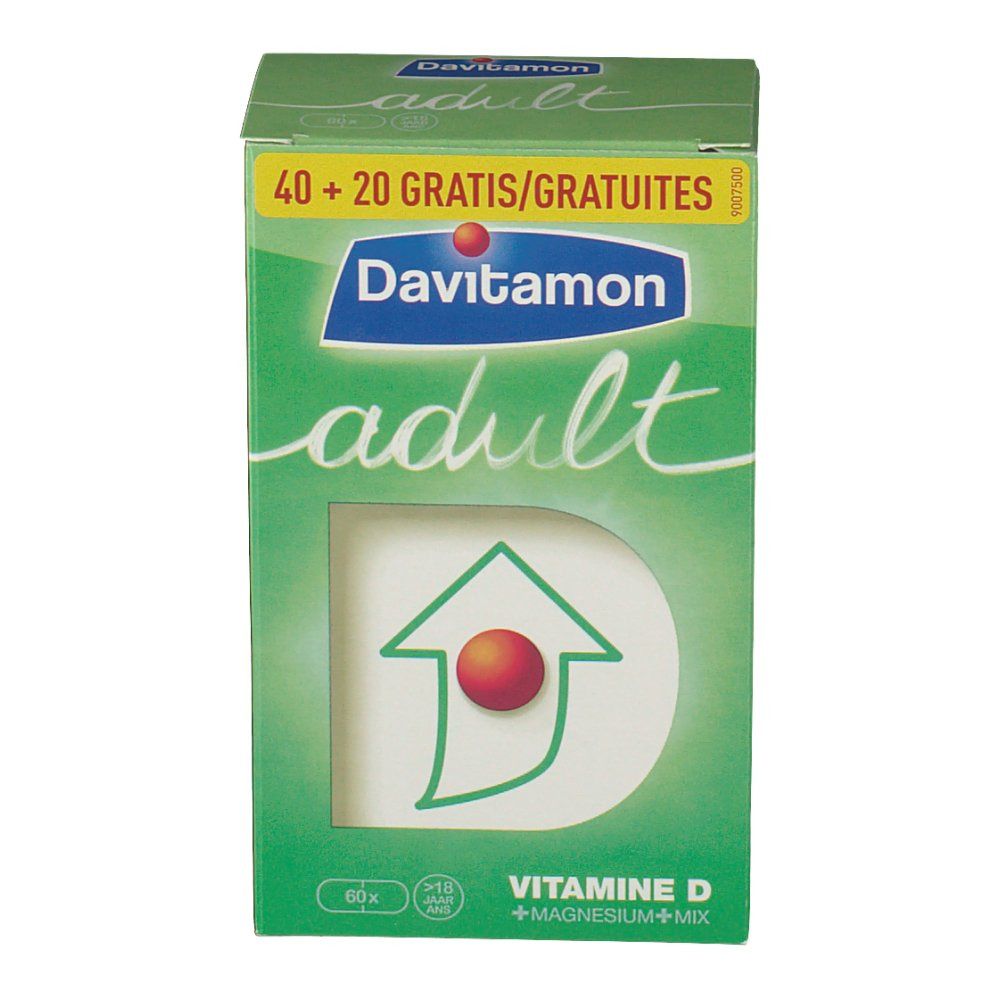 Confezione verde Davitamon Adult Vitamina D. Contiene 60 compresse. Scritta: Vitamina D + Magnesio + Mix.